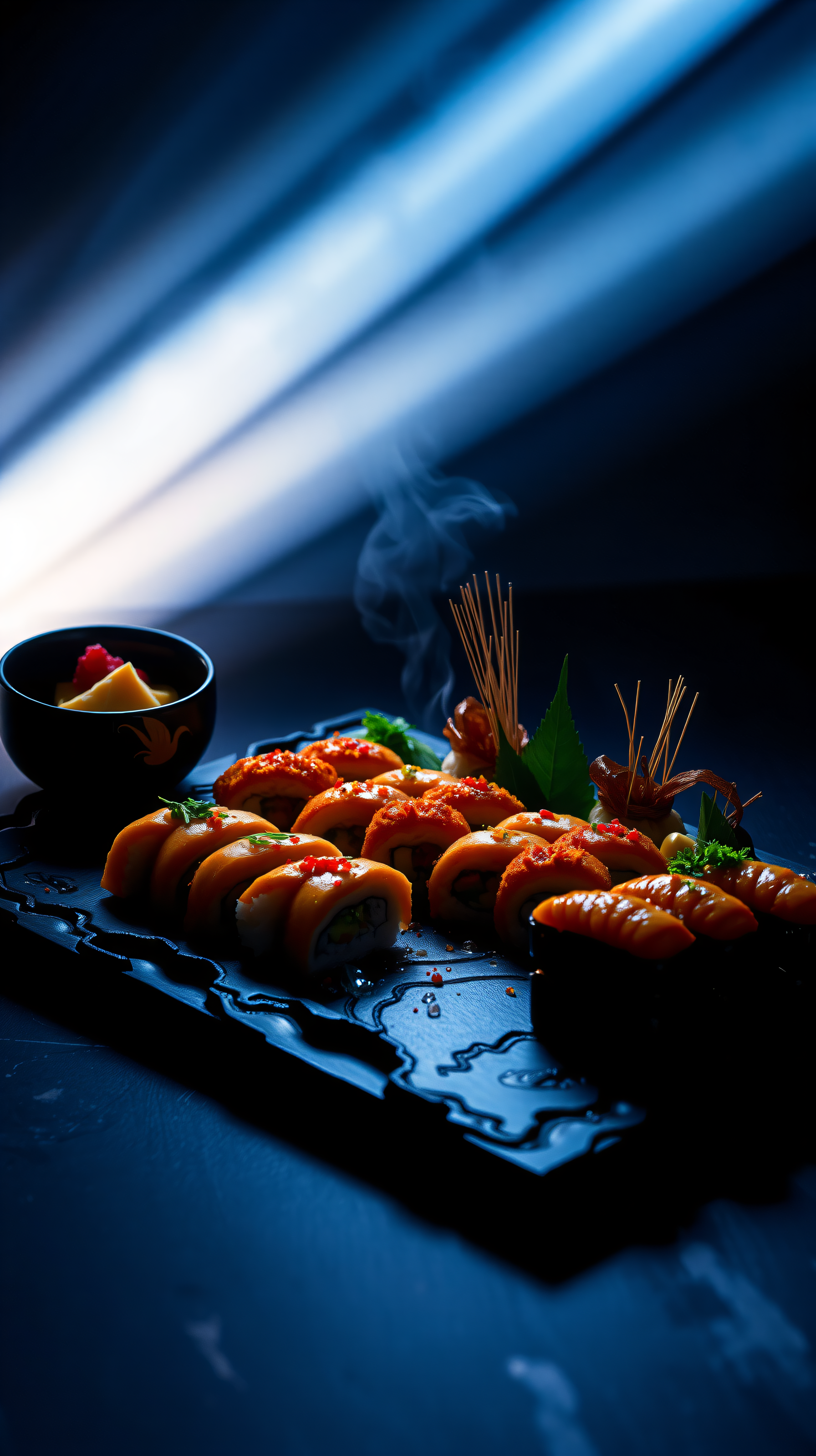 Gourmet Sushi Platter with Blue Light Accent, sushi, japanese food, gourmet, dark food photography, blue light, orange