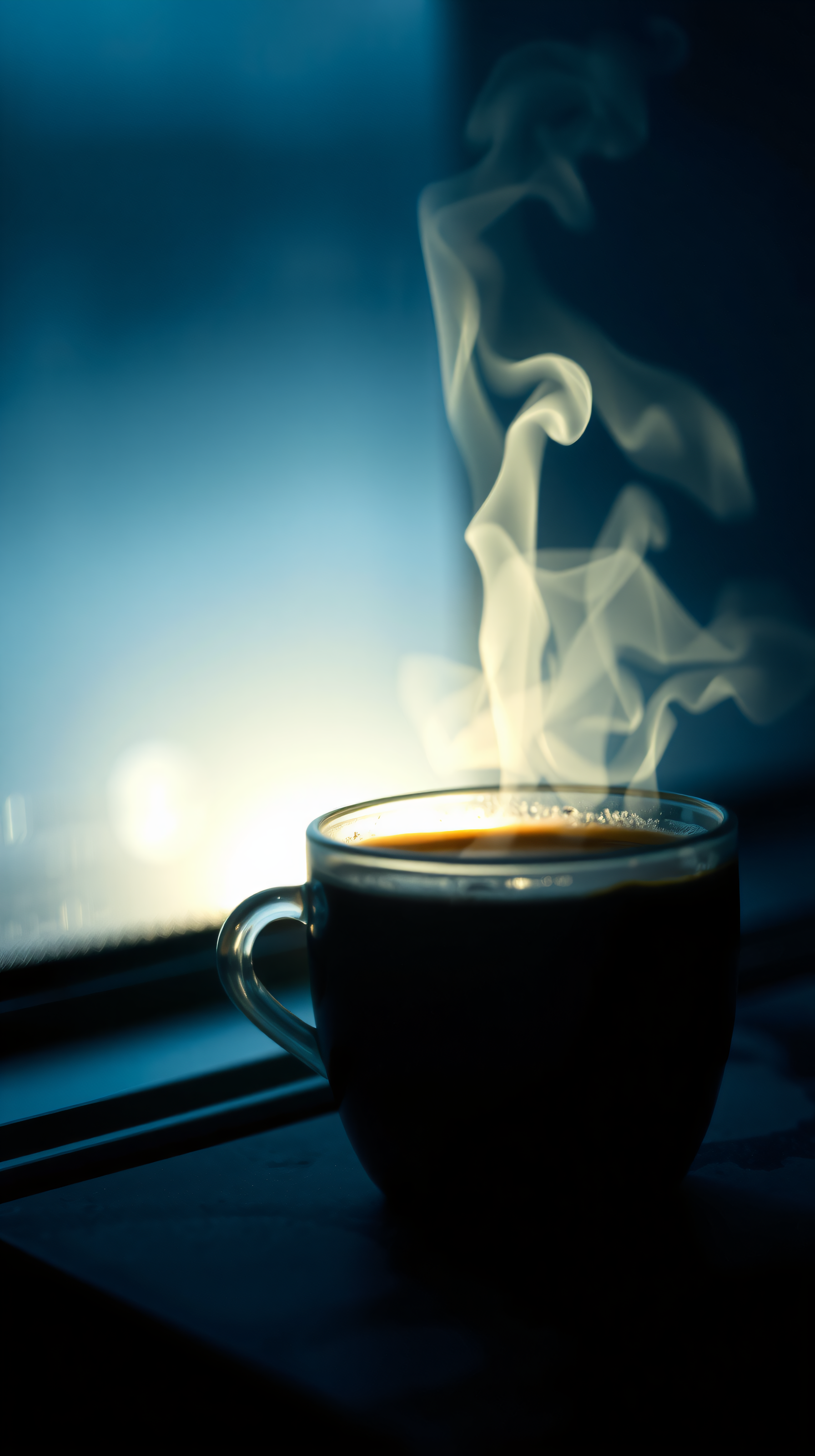 Steaming Coffee Cup with Cozy Blue Background, coffee, steam, hot drink, cup, blue, dark