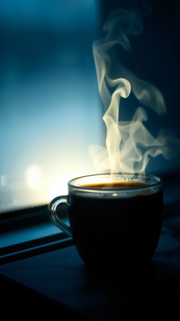 Steaming Coffee Cup with Cozy Blue Background