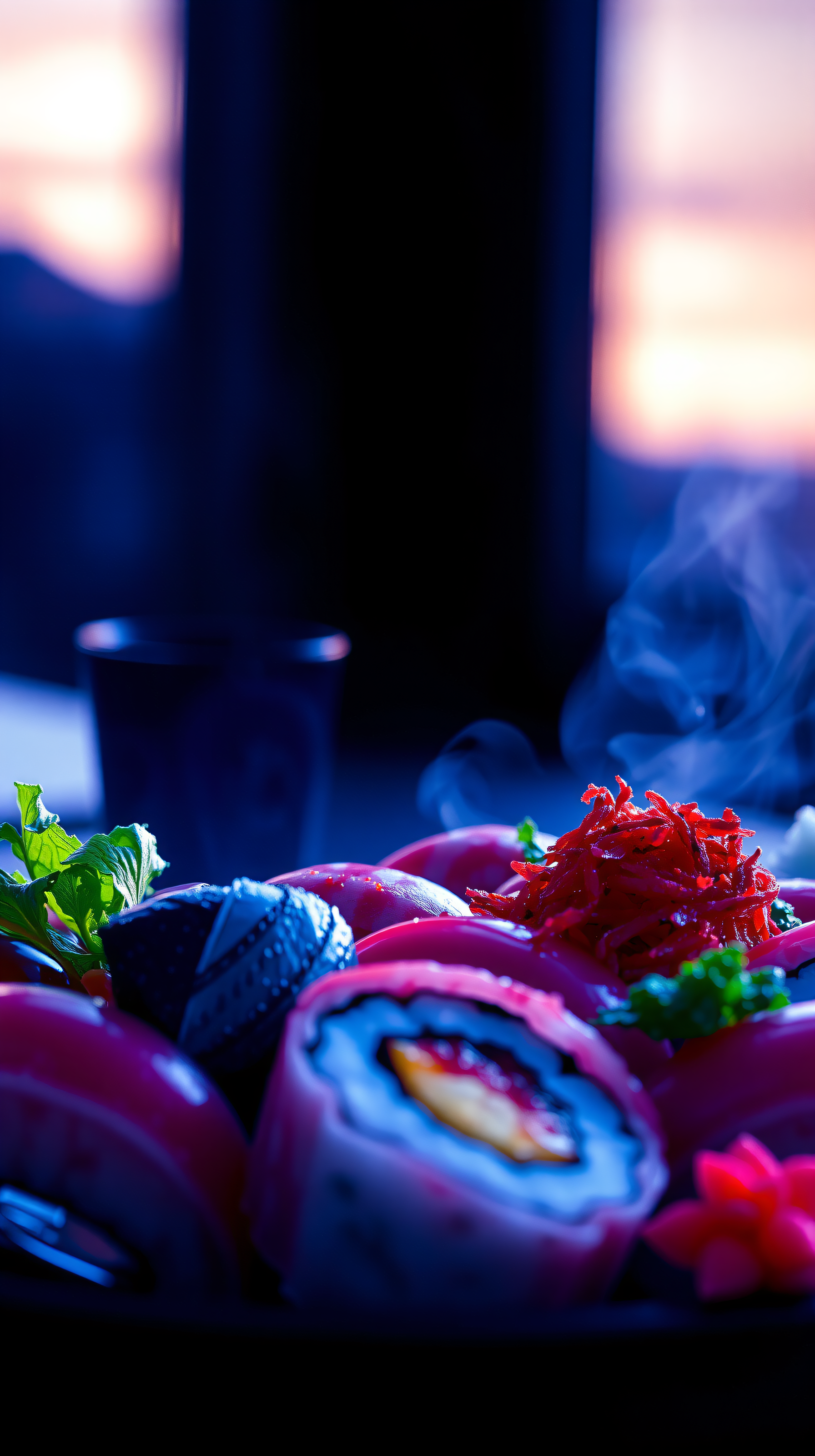 Vibrant Sushi Rolls Dark Aesthetic Wallpaper, sushi, food, vibrant, dark, blue, pink