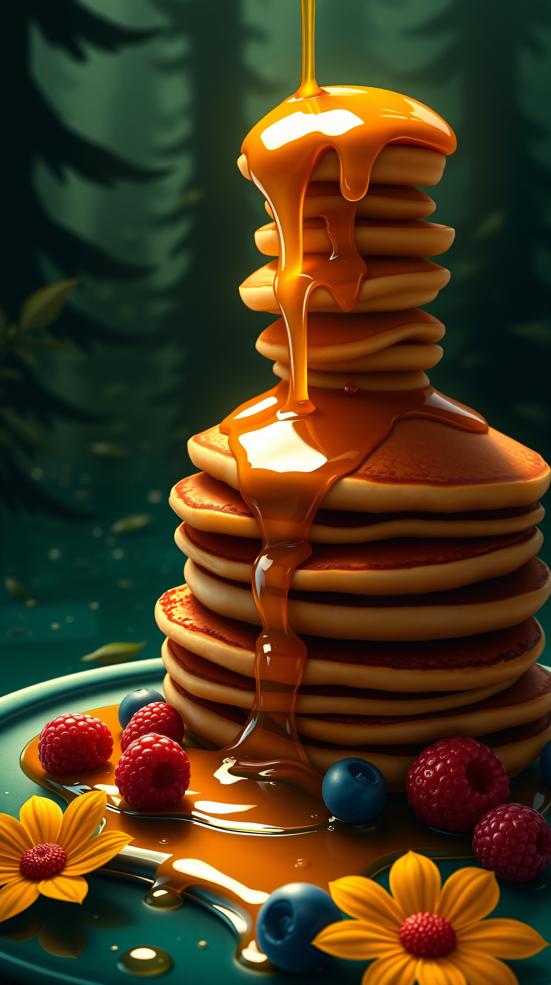 Golden Pancakes with Maple Syrup & Forest, pancakes, maple syrup, food, dessert, berries, forest