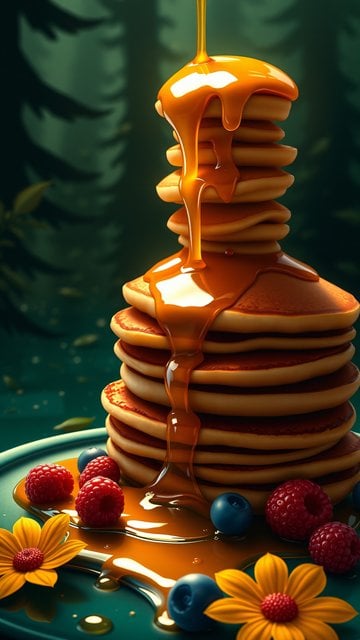 Golden Pancakes with Maple Syrup & Forest