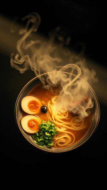 Steaming Ramen Bowl with Soft-Boiled Eggs