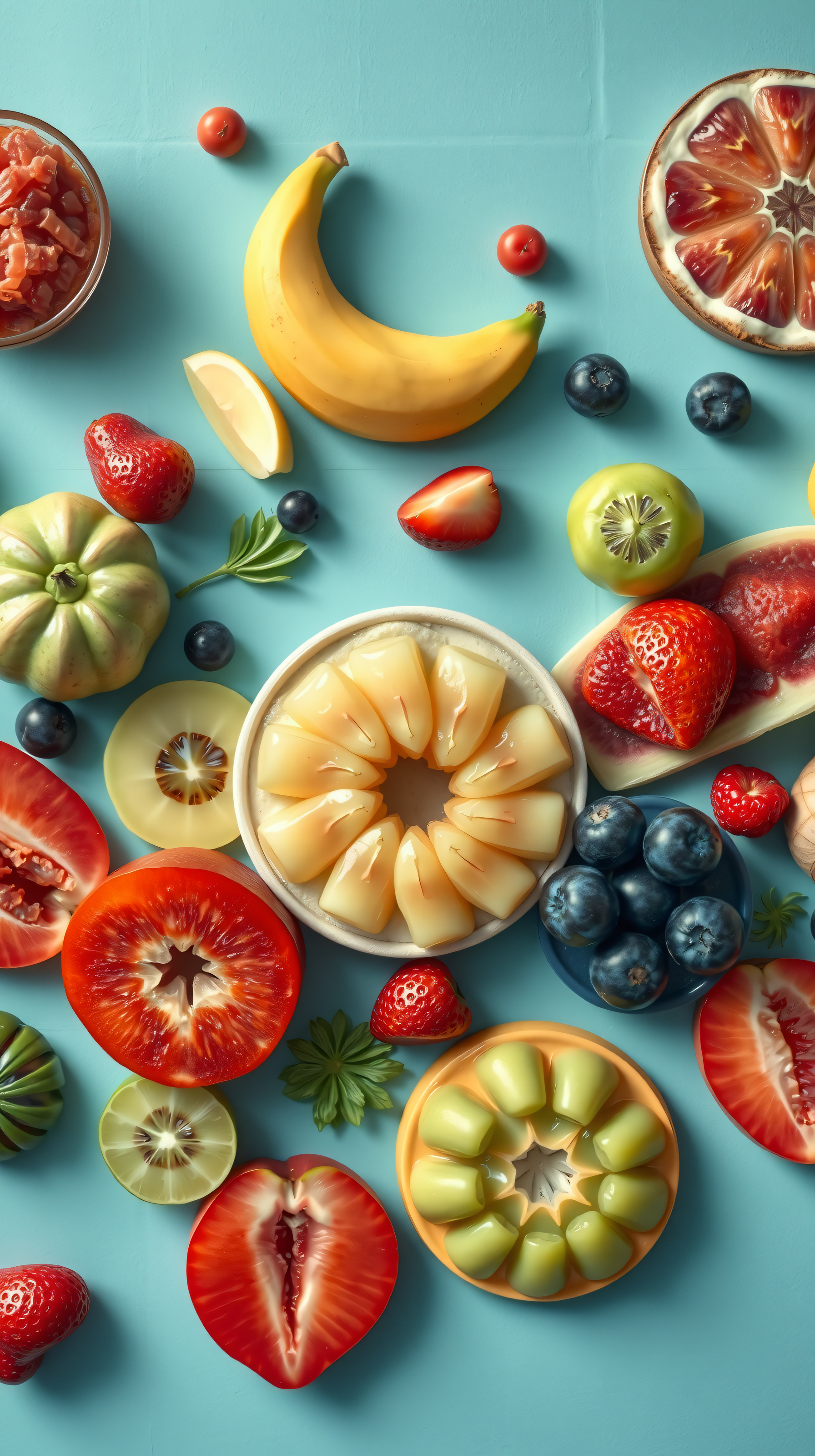 Vibrant Stylized Fruit Flat Lay Wallpaper, fruit, berries, strawberry, blueberry, banana, healthy food