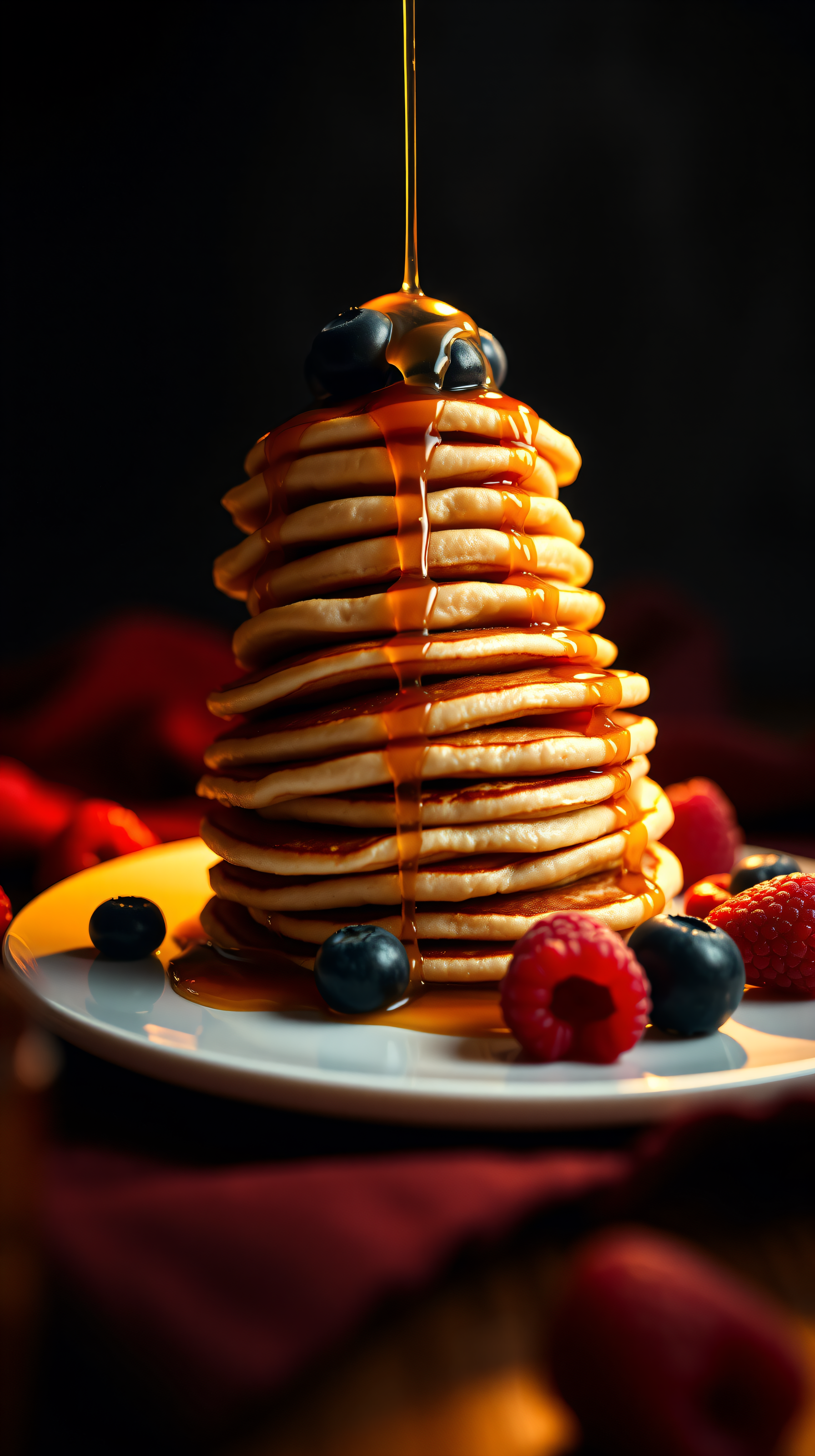 Golden Syrup Pancakes with Berries Mobile Wallpaper, pancakes, syrup, berries, blueberry, raspberry, food