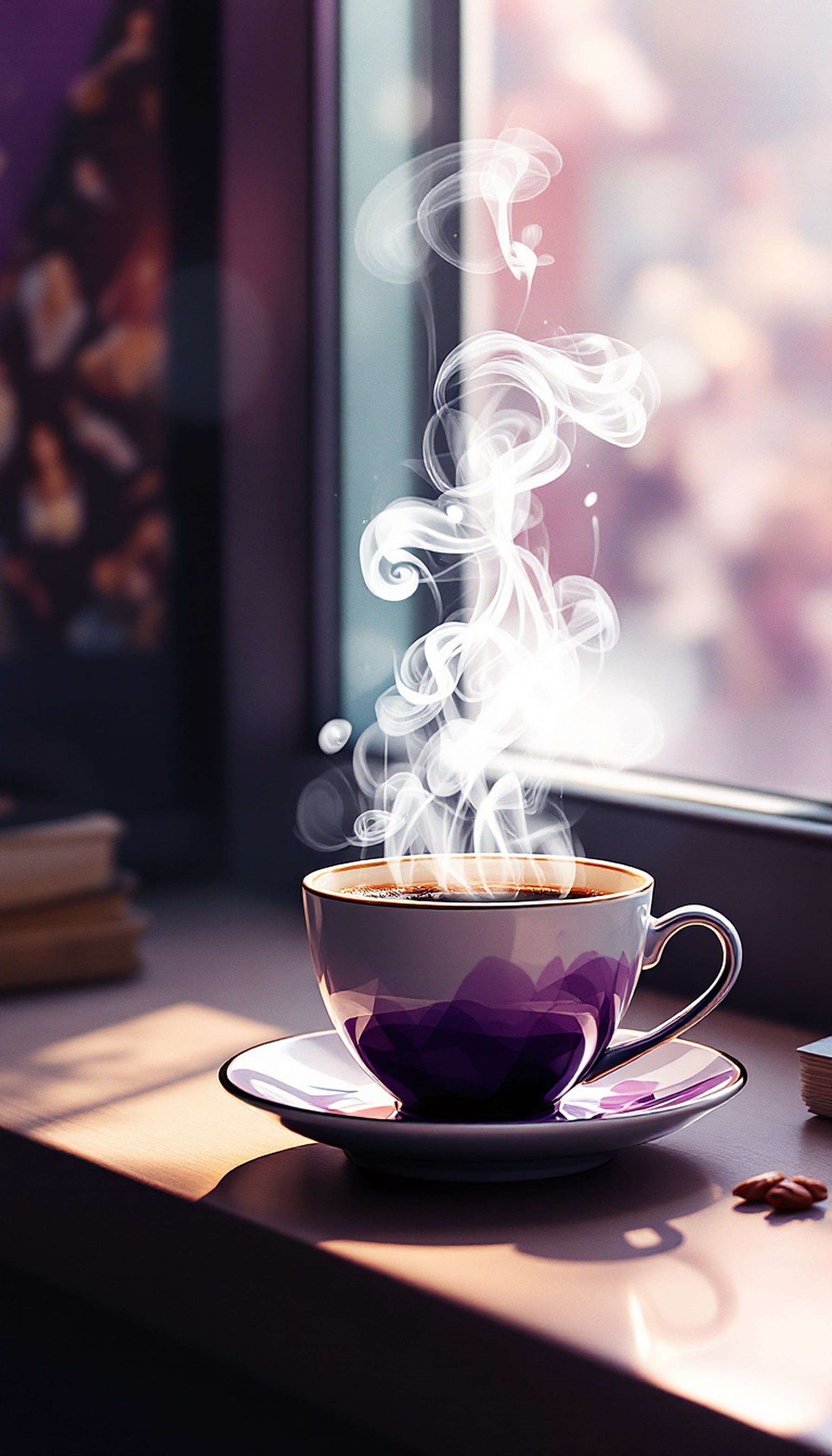Steaming Coffee Cup by Window, Purple Hues, coffee cup, steaming coffee, aesthetic, cozy, purple, pink