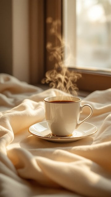 Steaming Coffee Cup Morning Window Light Aesthetic