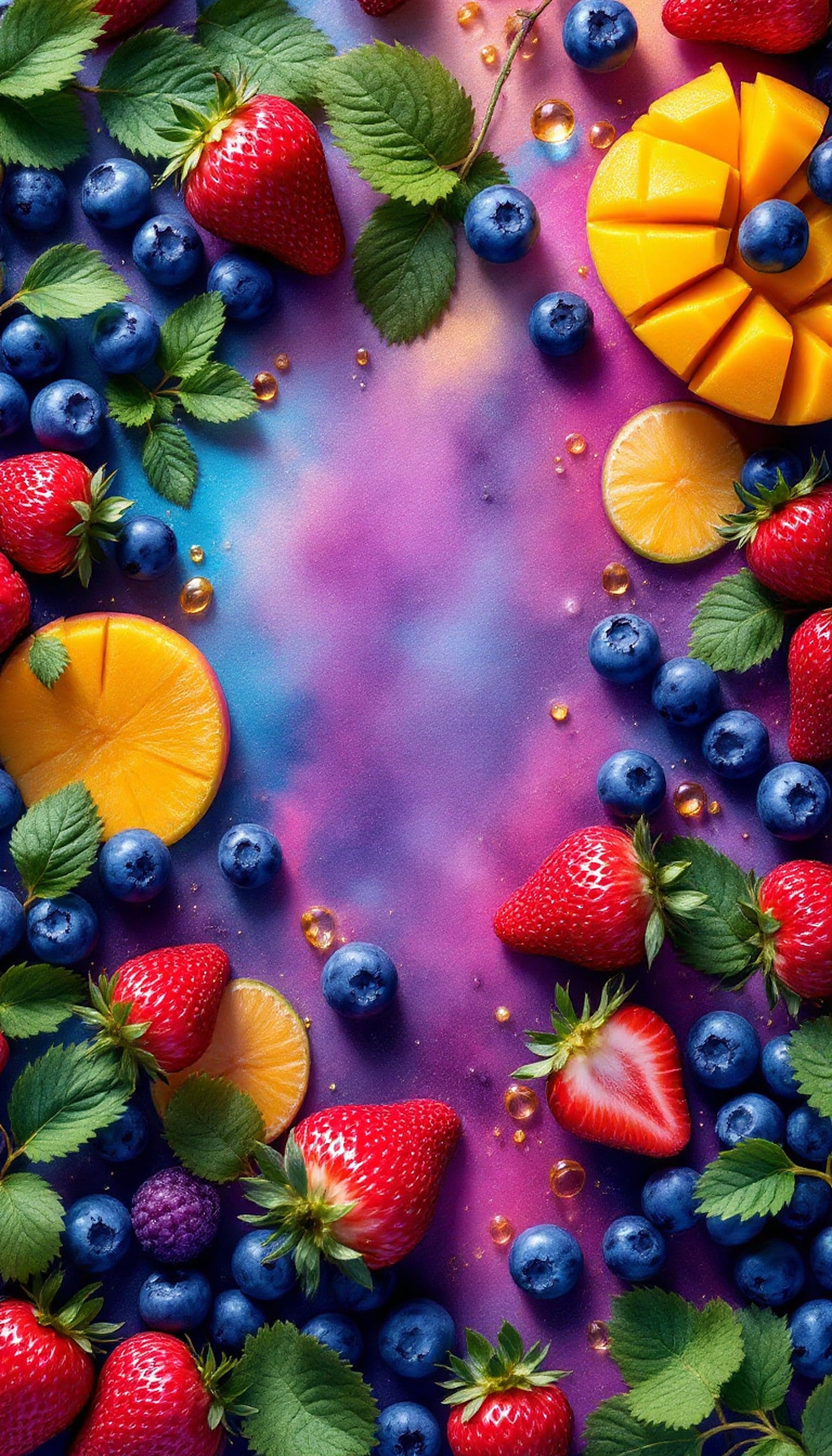Vibrant Berry & Mango Fruit Splash Wallpaper, fruit wallpaper, berries, strawberries, blueberries, mango, colorful