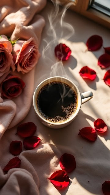 Steaming Coffee, Roses & Petals Aesthetic Wallpaper