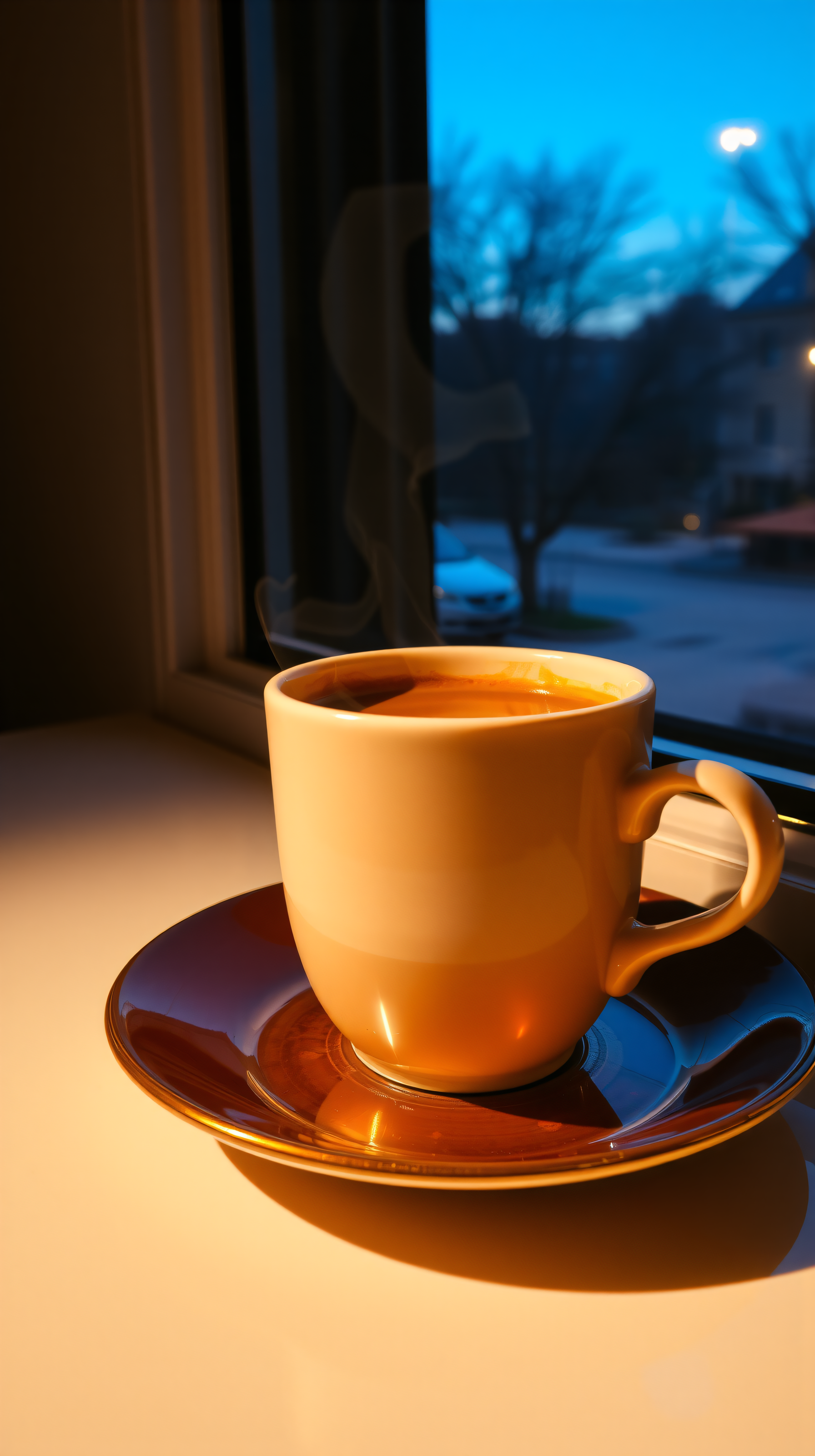 Steaming Coffee by Window at Twilight, coffee, mug, steaming, twilight, golden light, blue hour