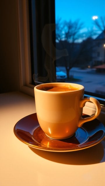 Steaming Coffee by Window at Twilight