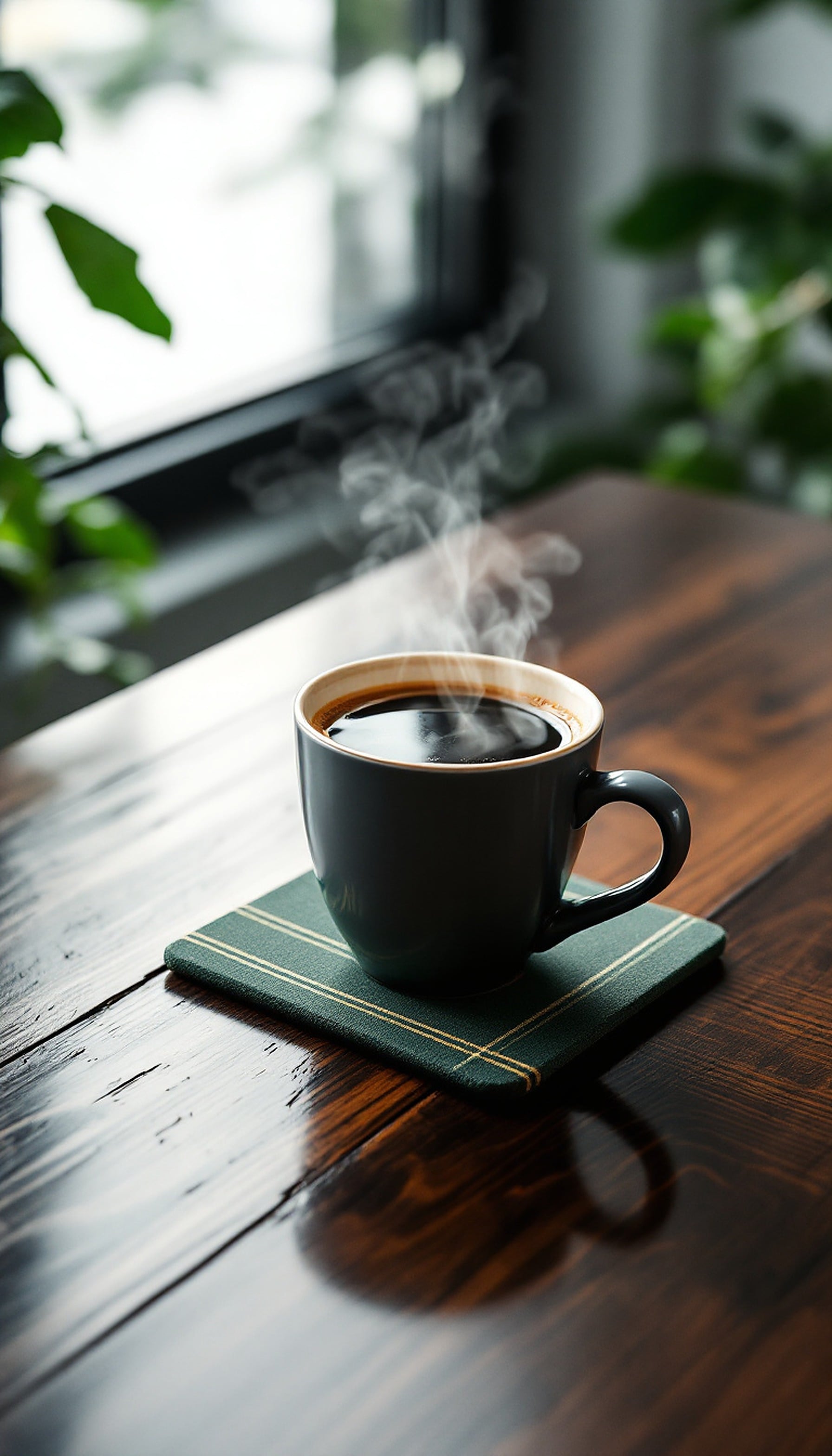 Steaming Coffee Mug on Wood Table Wallpaper, coffee, mug, steaming, wood table, cozy, minimal