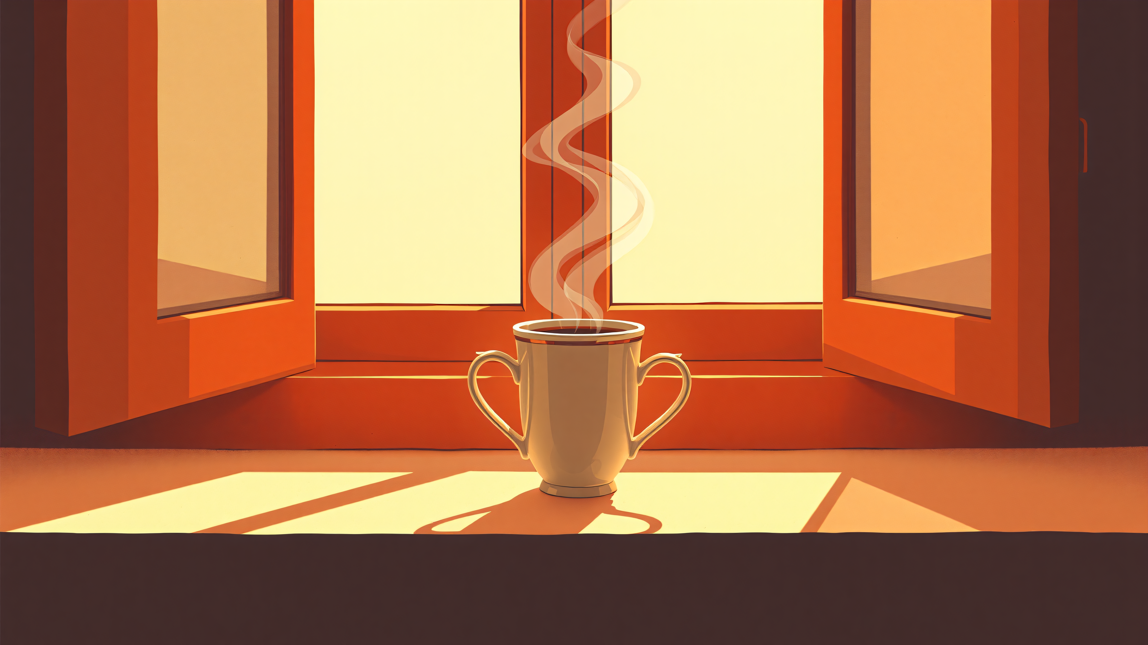 Steaming Coffee Mug in Golden Window Light, coffee mug, steaming coffee, window light, golden hour, warm aesthetic, minimalist