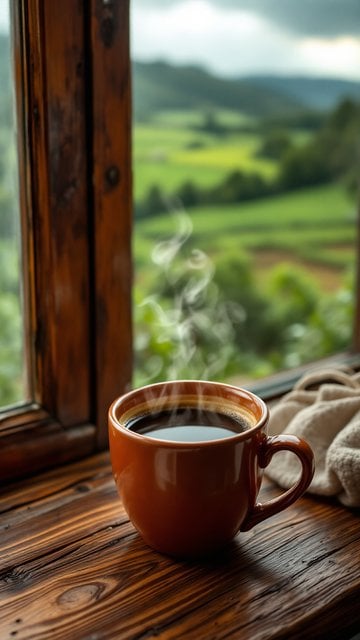 Steaming Coffee Mug by Window, Green Mountain View
