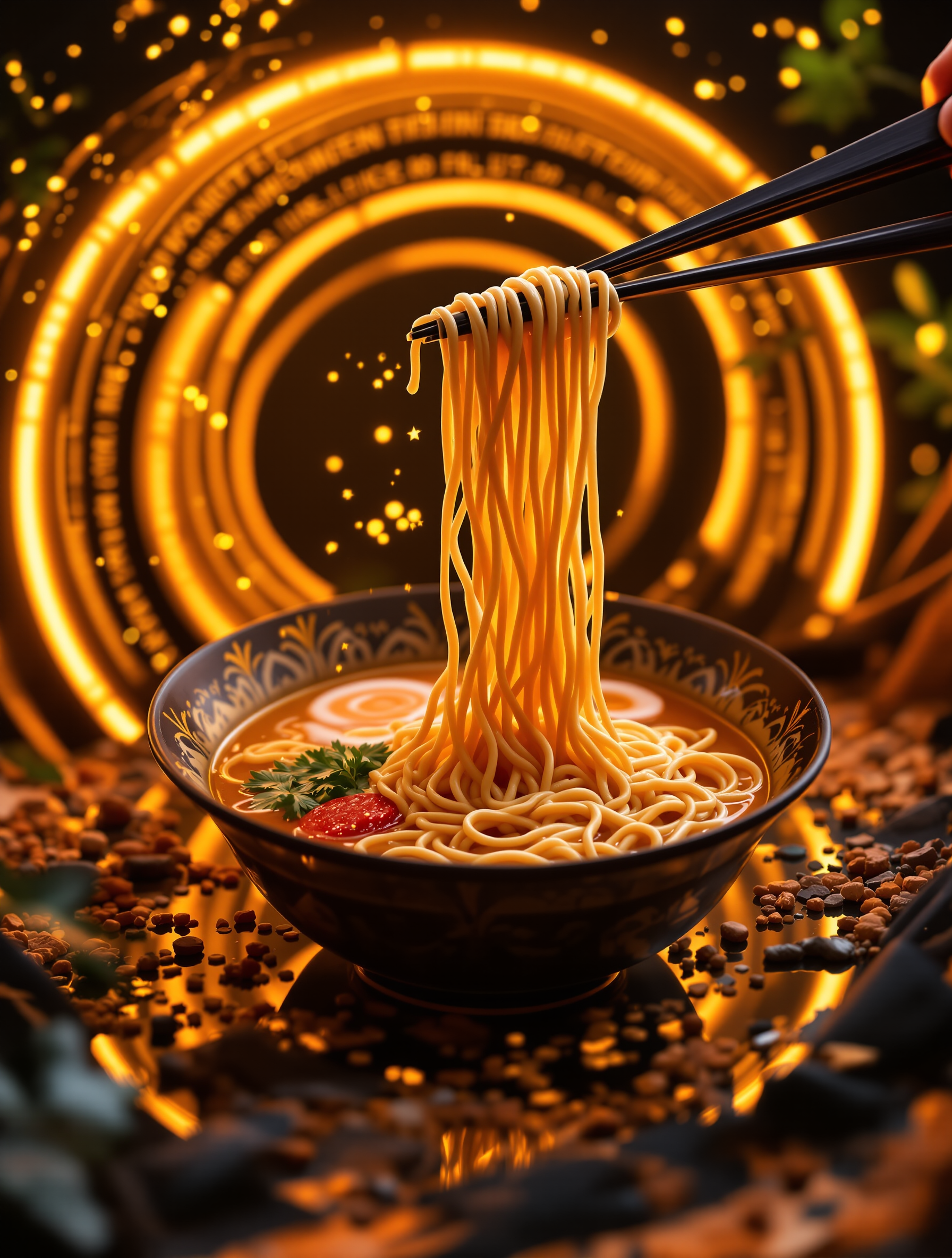 Neon Ramen Bowl with Golden Glow Wallpaper, ramen, noodles, food wallpaper, glowing, neon, chopsticks
