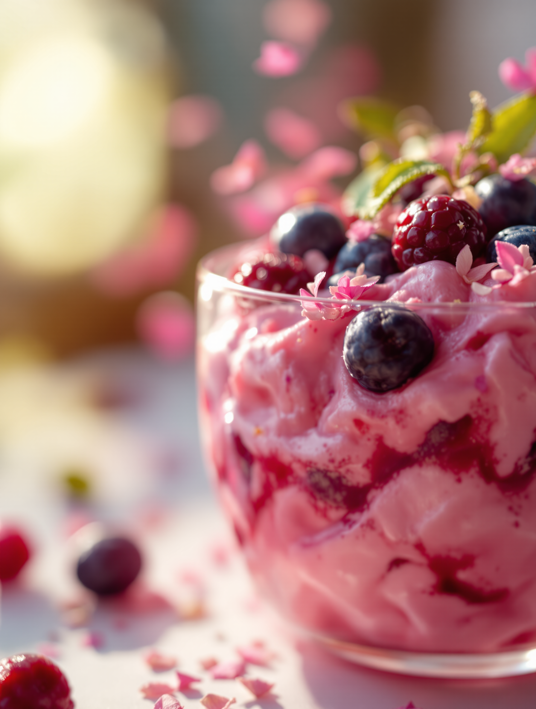 Pink Berry Dessert with Flower Petals Wallpaper, pink dessert, berry parfait, fruit, flower petals, sweet treat, food wallpaper