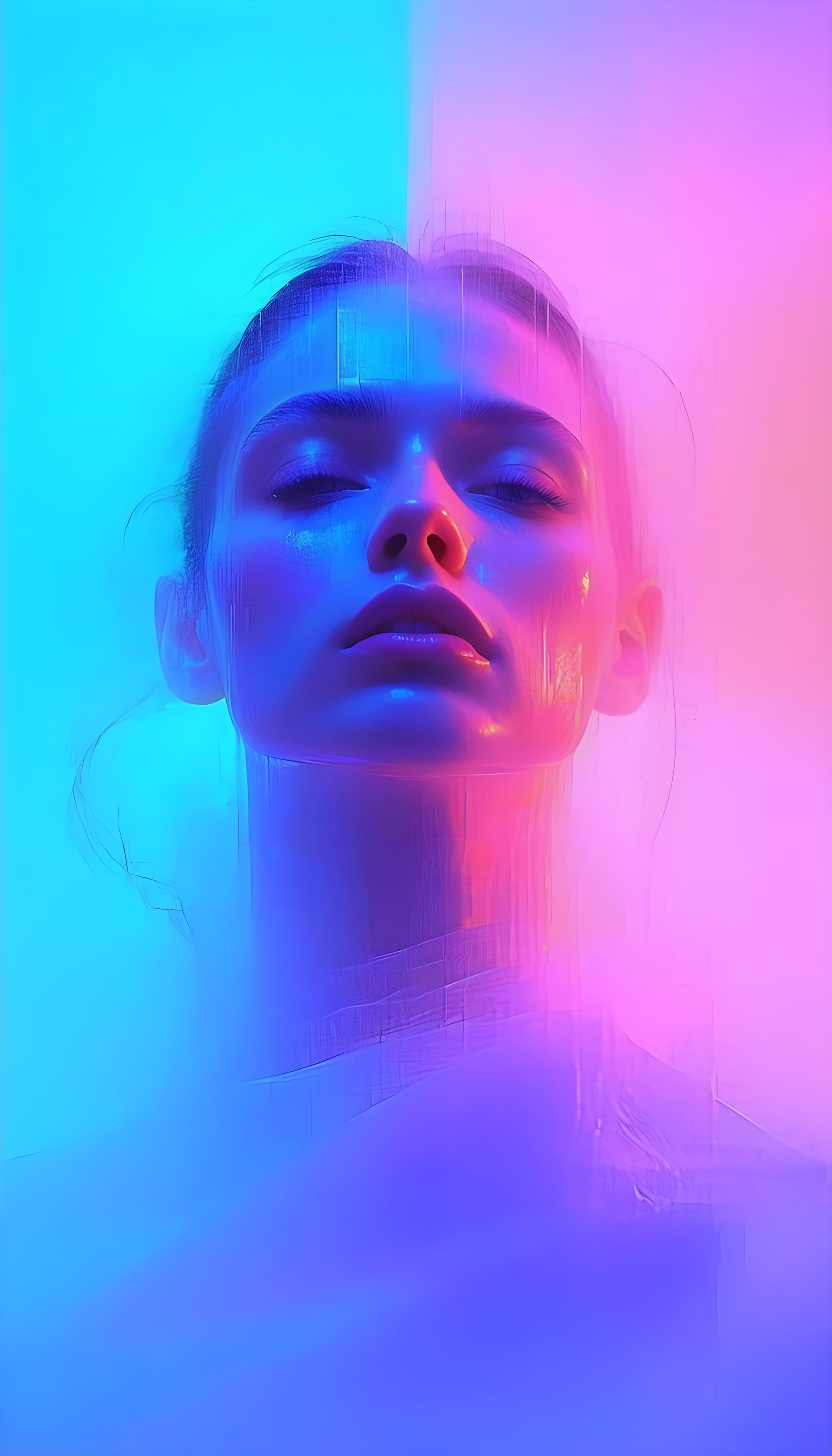 Neon Cyberpunk Woman Portrait Wallpaper, neon portrait, cyberpunk, glowing woman, blue pink aesthetic, futuristic art, mobile wallpaper