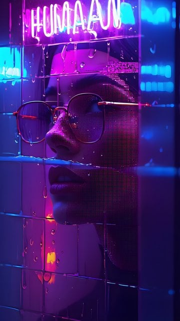 Neon Cyberpunk Portrait with Rain & Grid