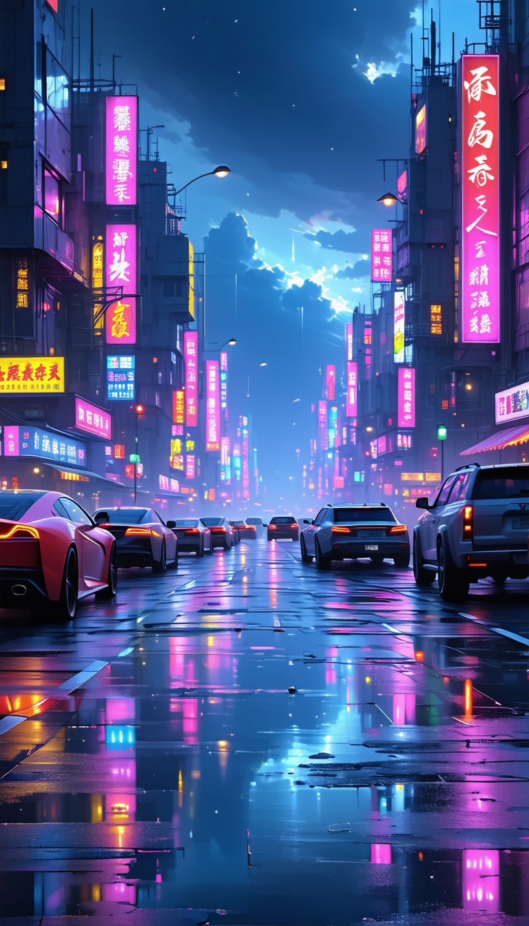 비오는 날의 네온 도시 풍경, 네온사인, 도시 풍경, 비, 밤, 야경, street view