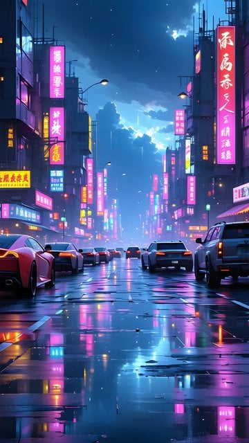 Neon Cyberpunk City Street at Night Reflections