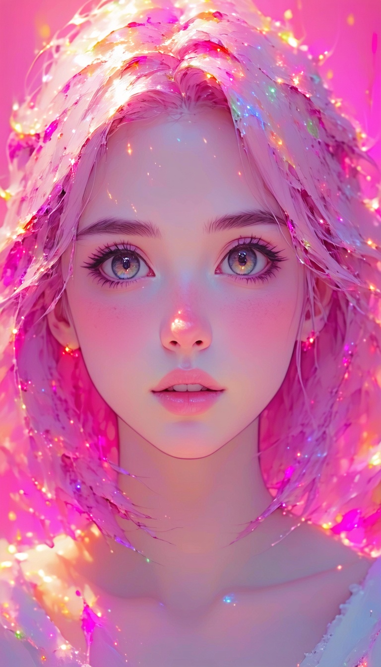 핑크빛 빛나는 소녀, 소녀, 핑크, 빛, 아름다움, 초상화, 일러스트