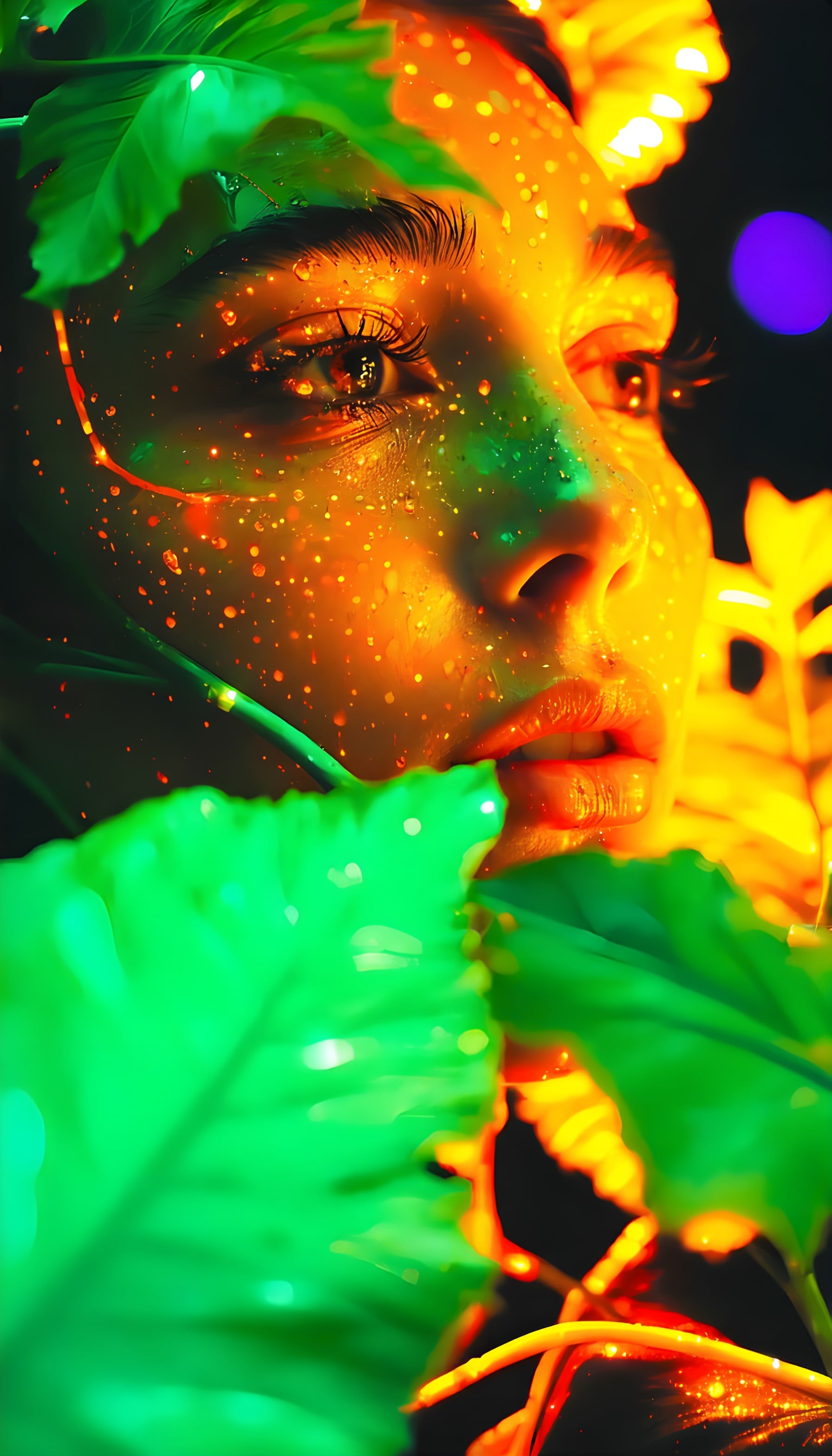Ethereal Woman with Glowing Green Leaves & Glitter, ethereal, fantasy, glowing, glitter, leaves, woman portrait