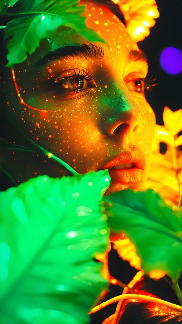 Ethereal Woman with Glowing Green Leaves & Glitter