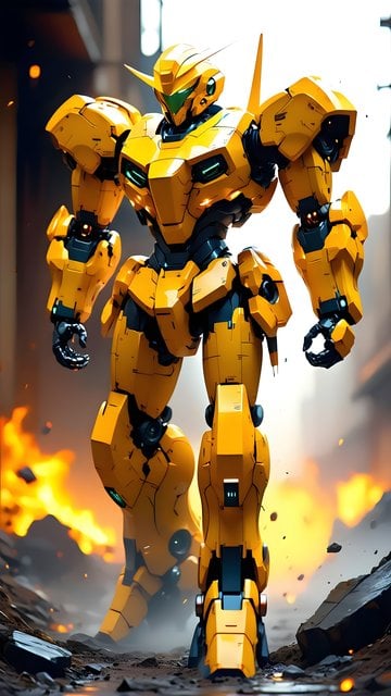 Dynamic Yellow Mech Warbot in Action Wallpaper
