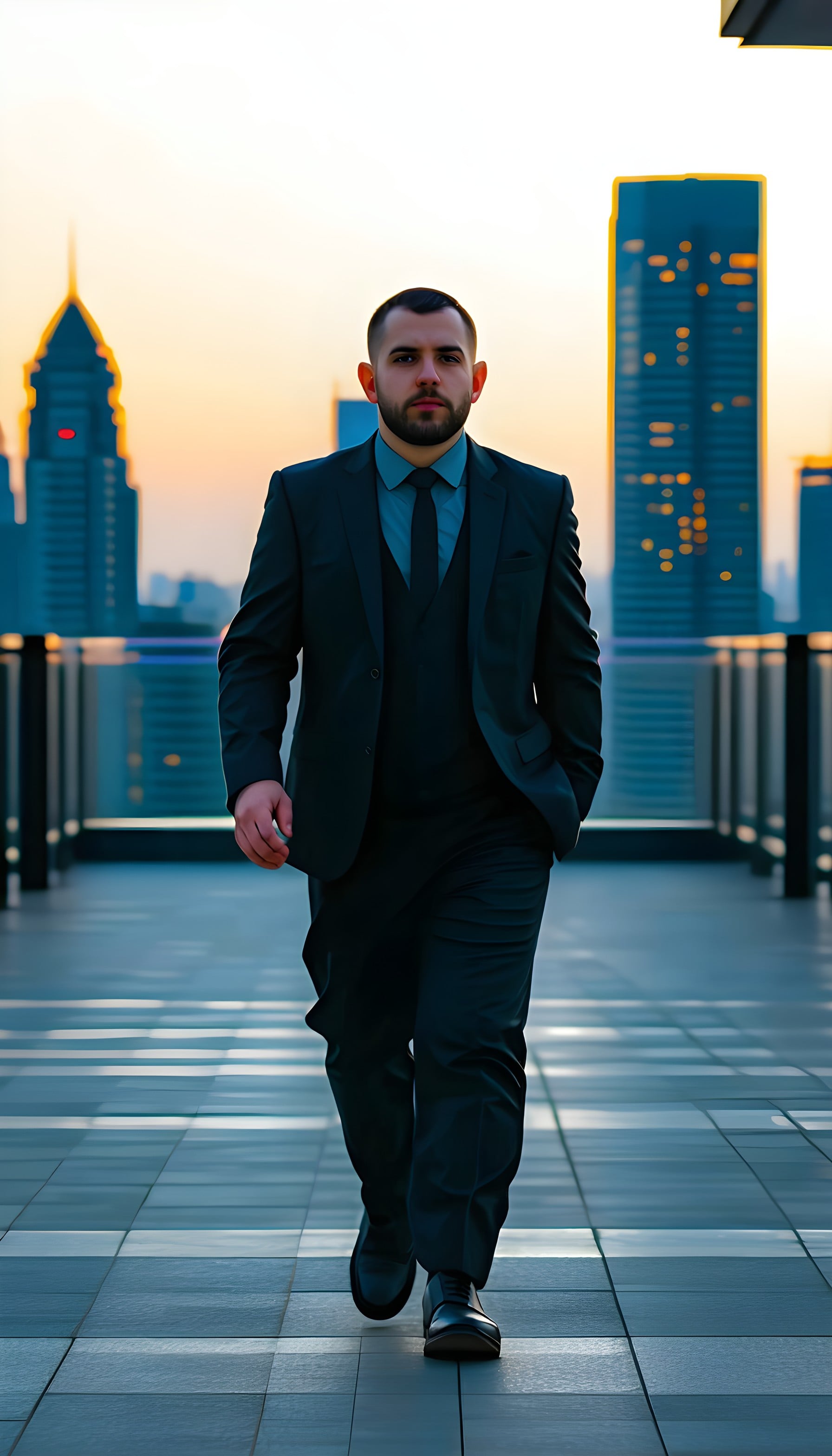 Businessman Walking City Sunset: Urban Professional, businessman, suit, urban, cityscape, sunset, professional