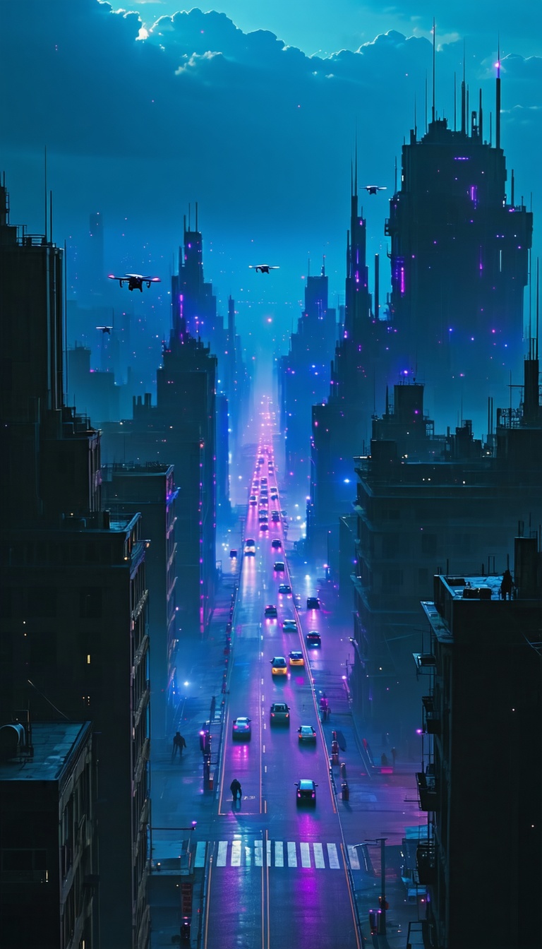 밤의 미래도시 풍경, 미래도시, 밤, 네온, 드론, 도시풍경, Sci-fi