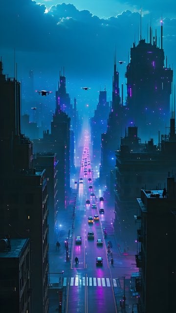 Cyberpunk City Nightscape Street with Neon Glow Wallpaper