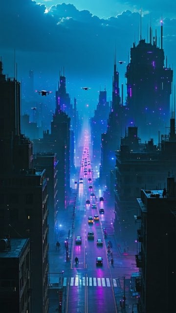 밤의 미래도시 풍경