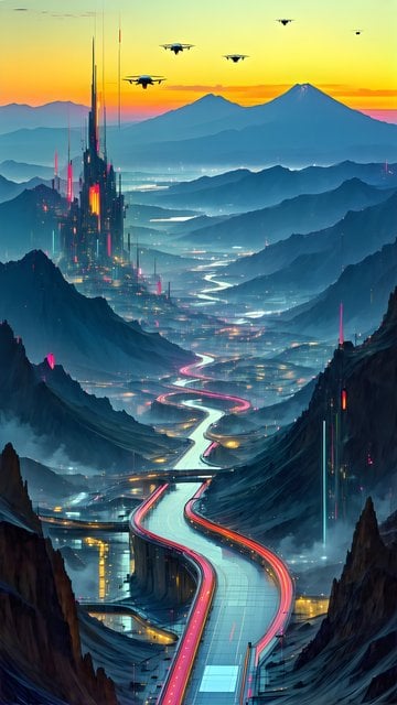 Futuristic Cityscape & Neon Highway in Mountain Sunset