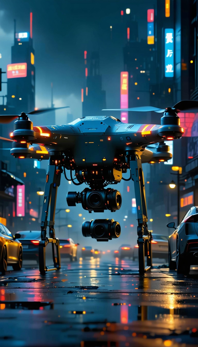 도시 야경 속 드론 촬영, 드론, 촬영, 도시, 야경, 미래, 네온사인