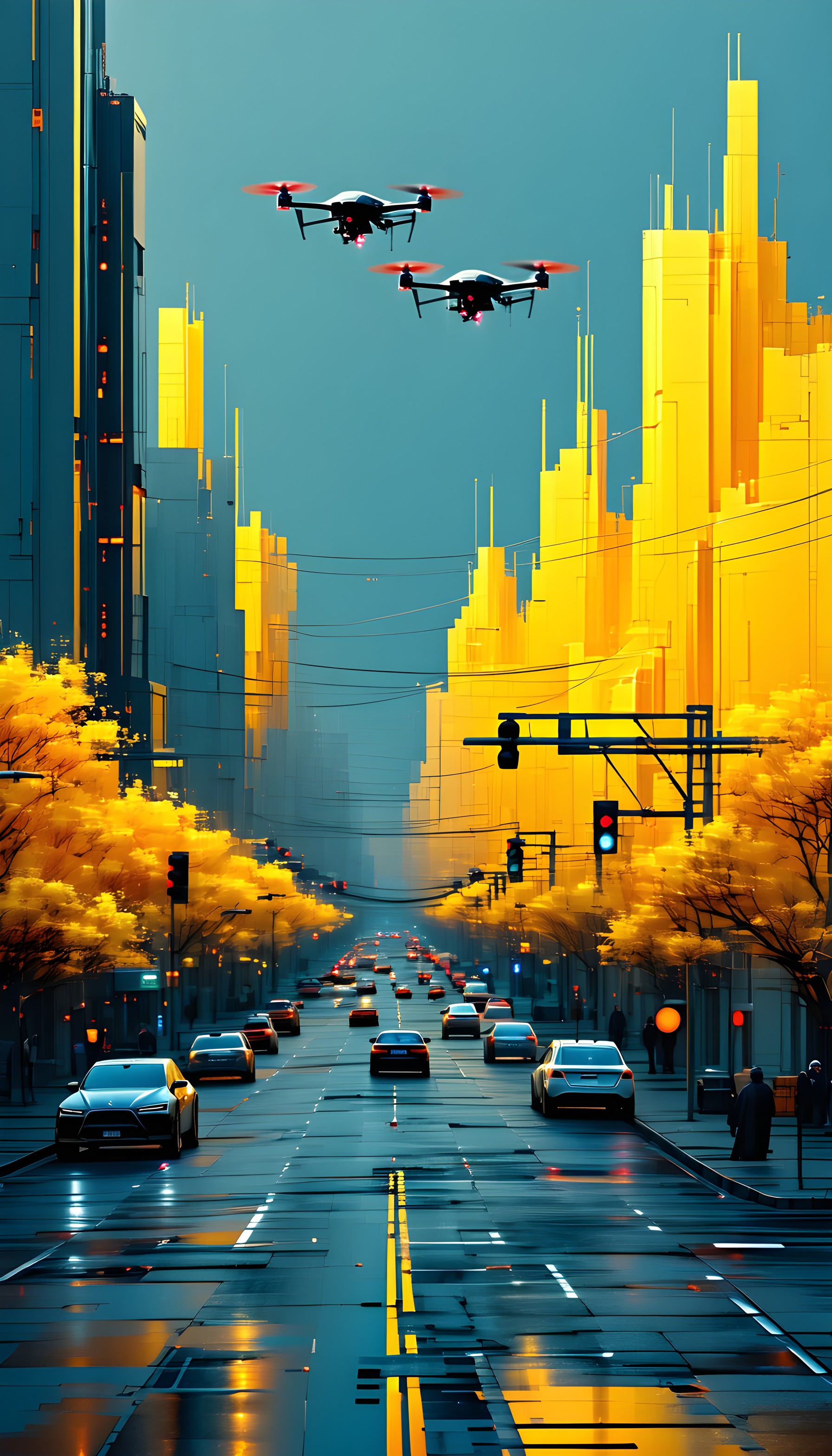 Dynamic Cyber Cityscape: Drones, Gold & Teal Streets, futuristic city, cyberpunk, drones, urban landscape, gold and teal, digital art