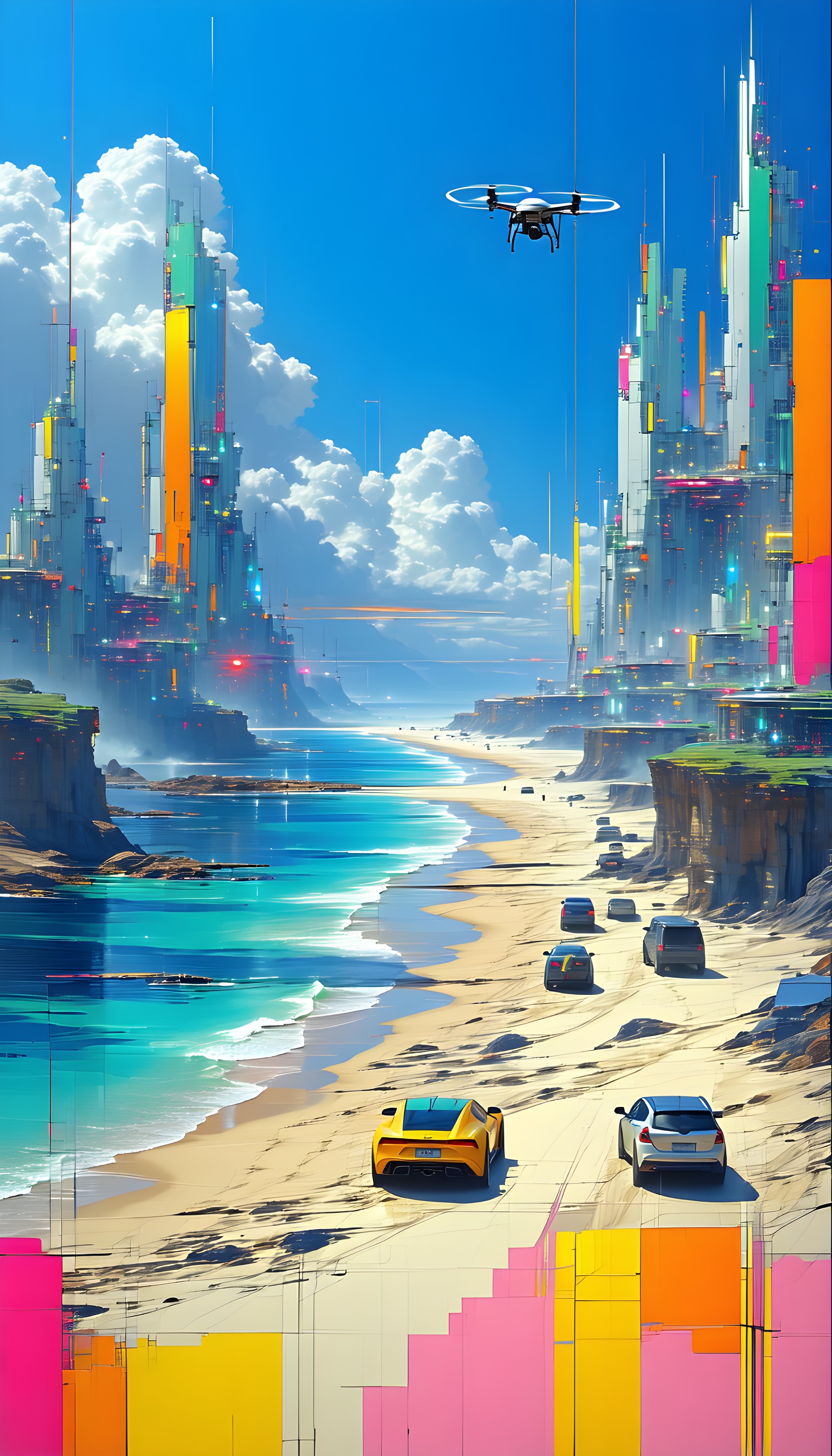 Cyberpunk Beach Cityscape with Drone & Coastal Road, futuristic, cityscape, beach, drone, sci-fi, cyberpunk