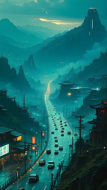 Misty Cyberpunk Mountain City Highway Night