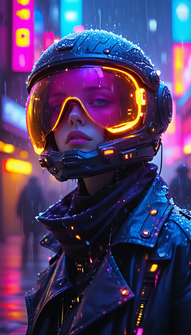 비에 젖은 사이버펑크 여성, 사이버펑크, 여성, 미래, 헬멧, 비, 밤