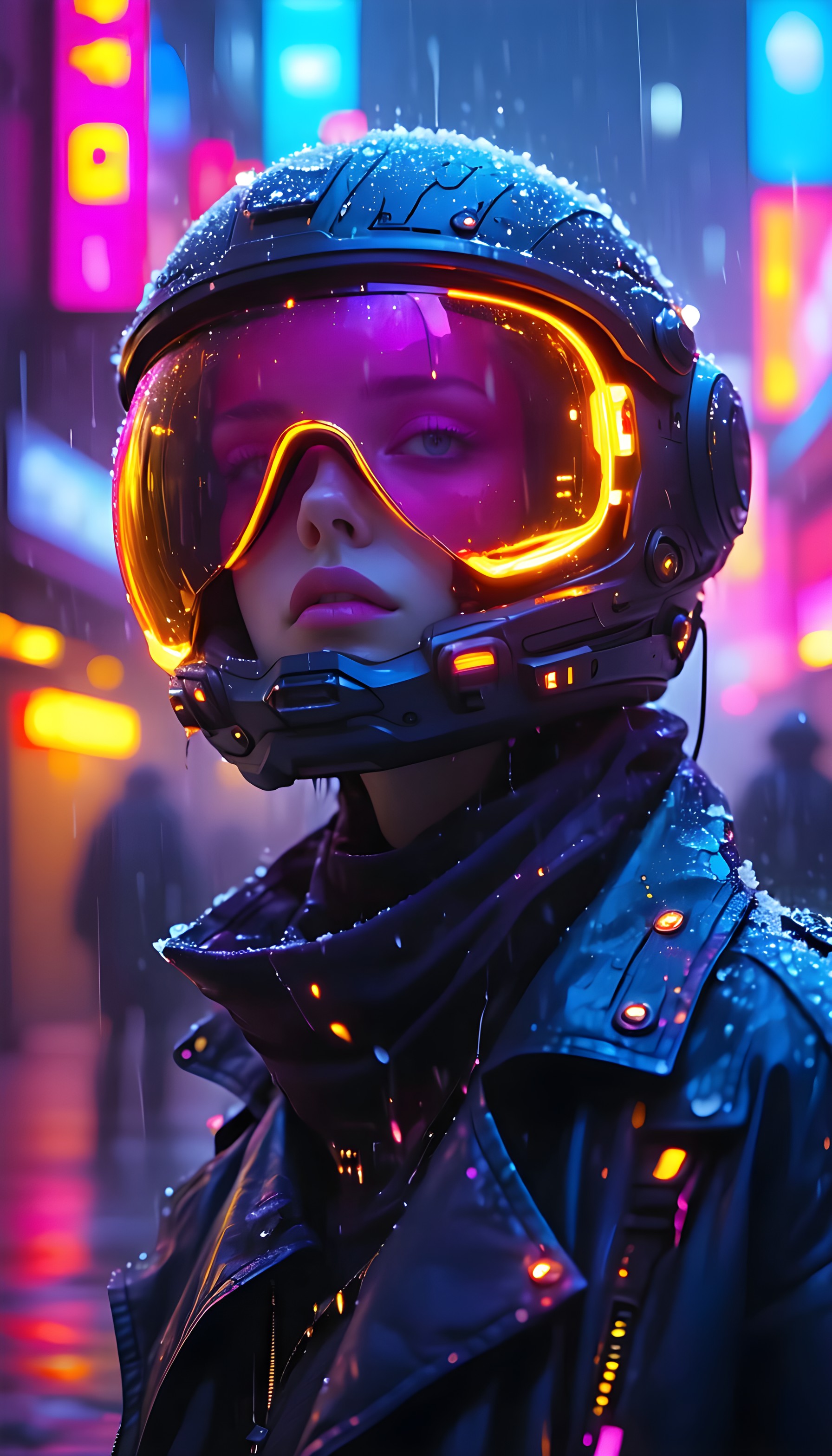 Cyberpunk Girl Neon Rain Helmet Wallpaper, cyberpunk, futuristic, neon, helmet, sci-fi, rainy city
