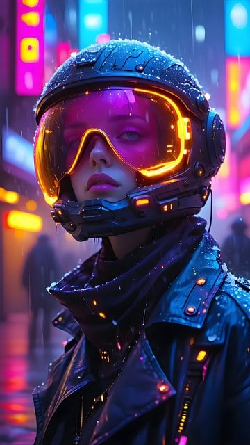 Cyberpunk Girl Neon Rain Helmet Wallpaper