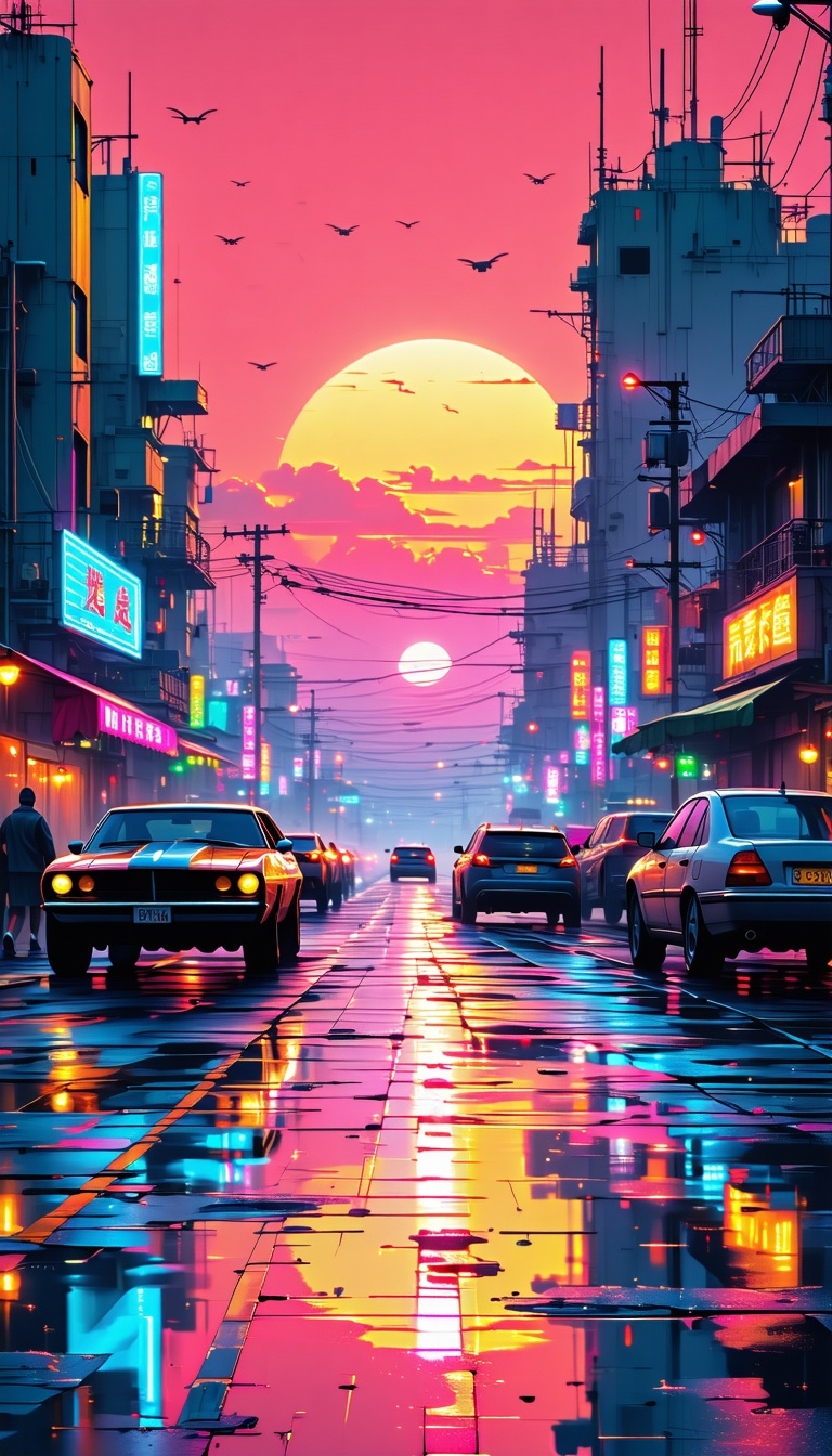 밤의 도시 풍경, 네온사인과 클래식카, cityscape, sunset, neon, night, classic car, retro