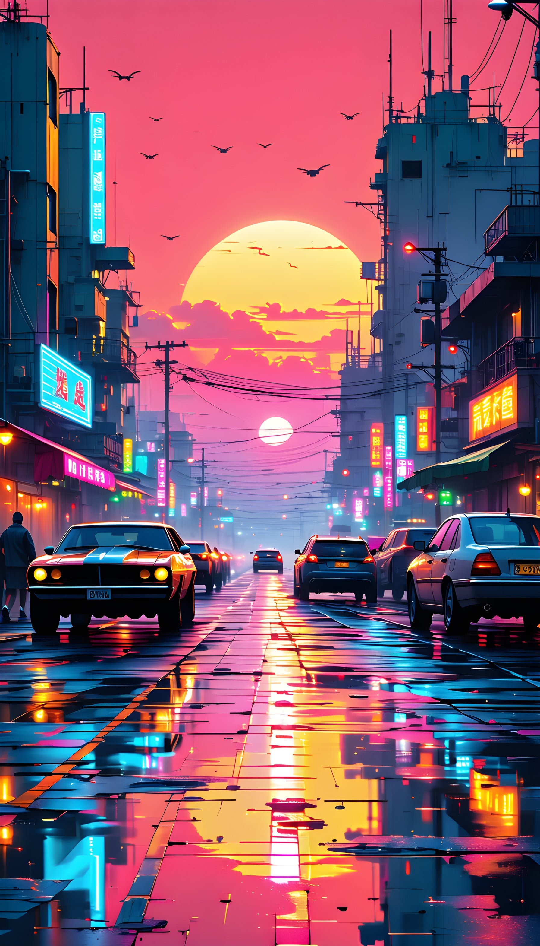 Synthwave City Sunset: Neon Reflections, synthwave, retro city, neon lights, cityscape, sunset, wet street