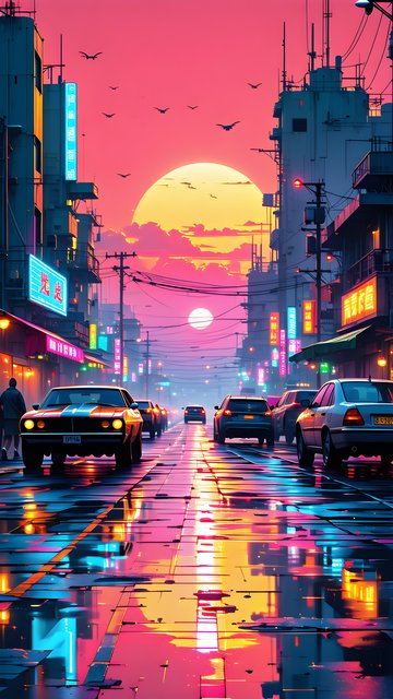 Synthwave City Sunset: Neon Reflections