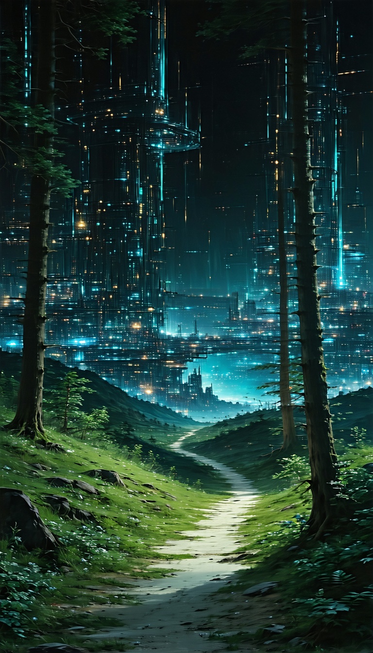 숲 속의 미래 도시 풍경, 미래도시, 숲, 야경, 판타지, 디지털아트, SF