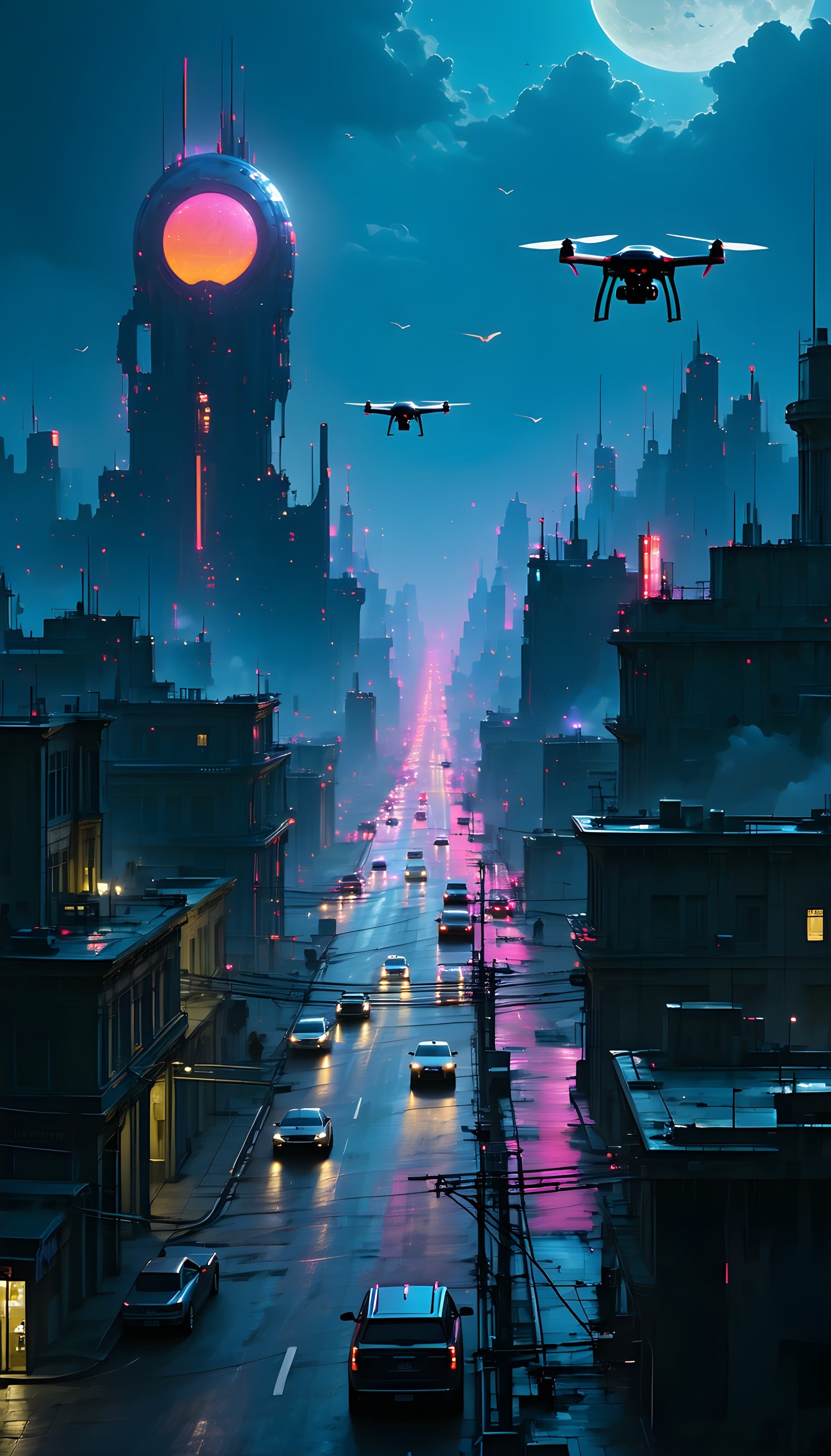 Cyberpunk City Night with Drones and Neon Glow, cyberpunk, futuristic city, neon lights, night street, drones, sci-fi art
