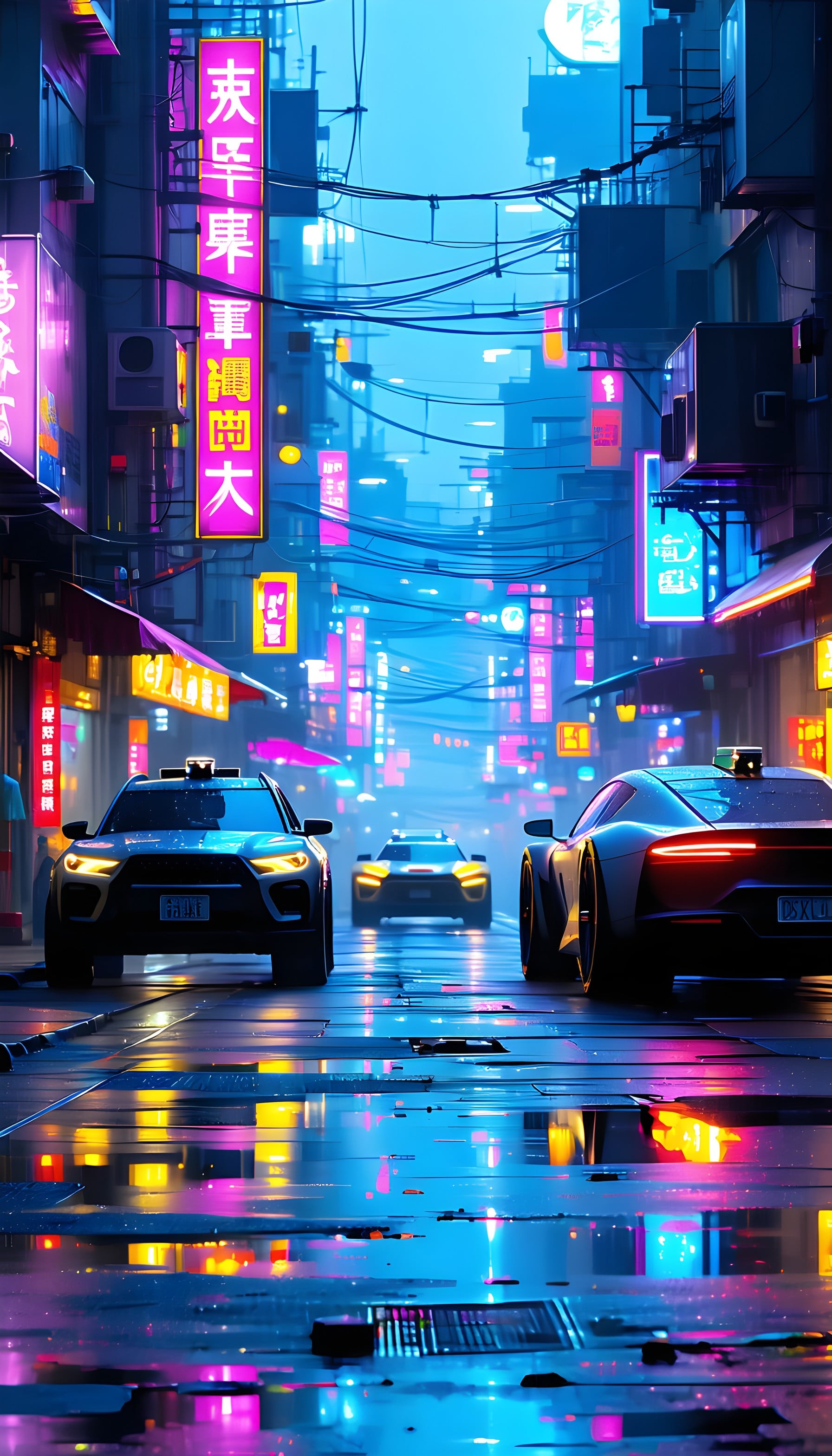 Cyberpunk City Street Night with Neon Glow Cars, cyberpunk, neon city, futuristic cars, rain reflections, night street, aesthetic