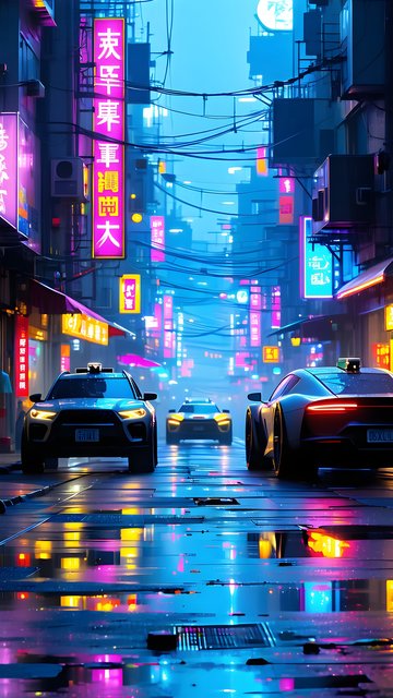 Cyberpunk City Street Night with Neon Glow Cars