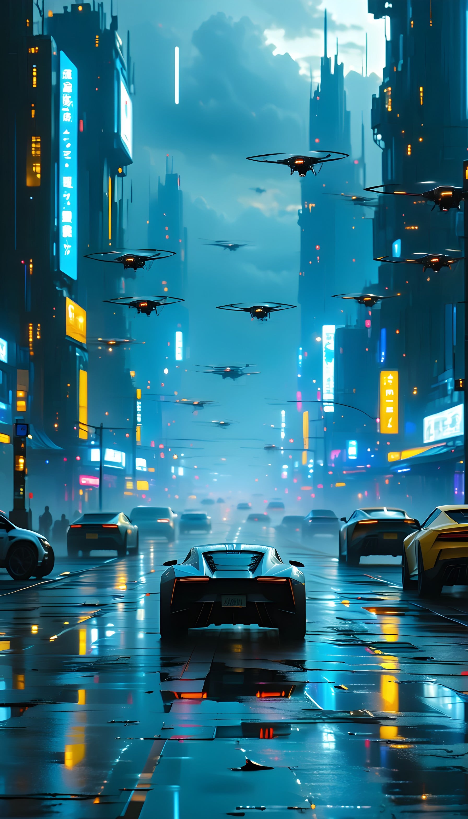 Sci-Fi Urban Night with Drones & Sports Cars, futuristic, cyberpunk, cityscape, neon lights, flying drones, sports cars