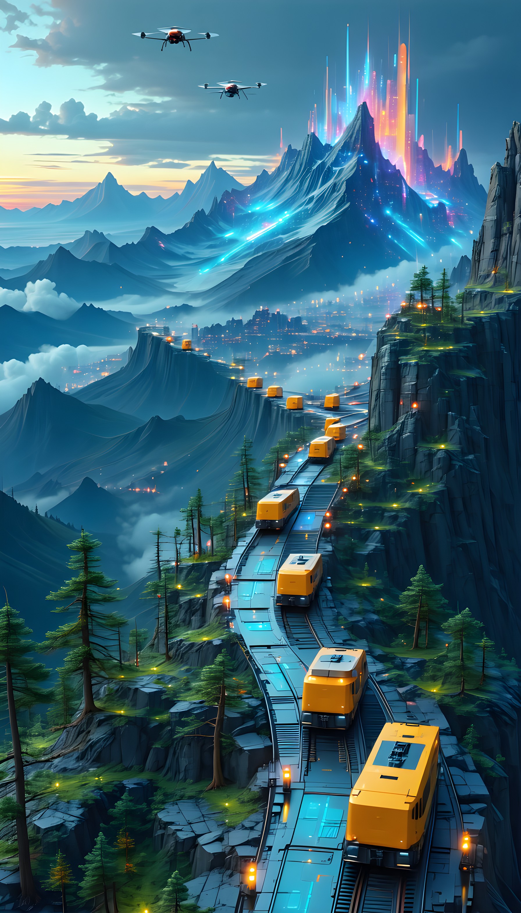 Futuristic Mountain Trains & Cyberpunk Cityscape, futuristic, cyberpunk, mountains, trains, sci-fi, digital art