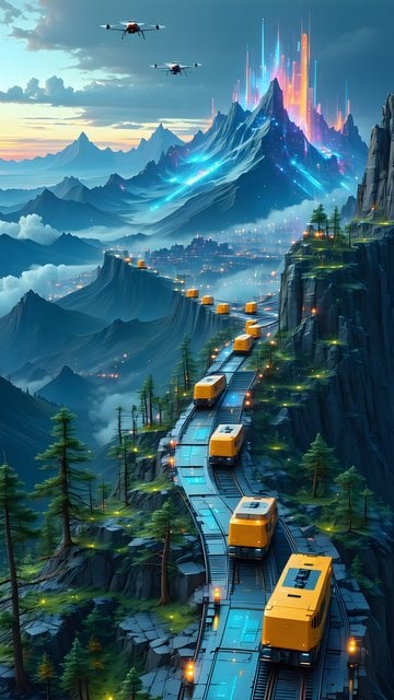 Futuristic Mountain Trains & Cyberpunk Cityscape